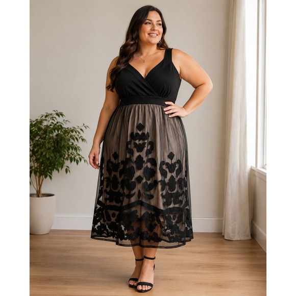 INC International Concepts Dresses & Skirts - 232.INC International Concepts Black Damask Mesh Applique Surplice Dress Plus 1X